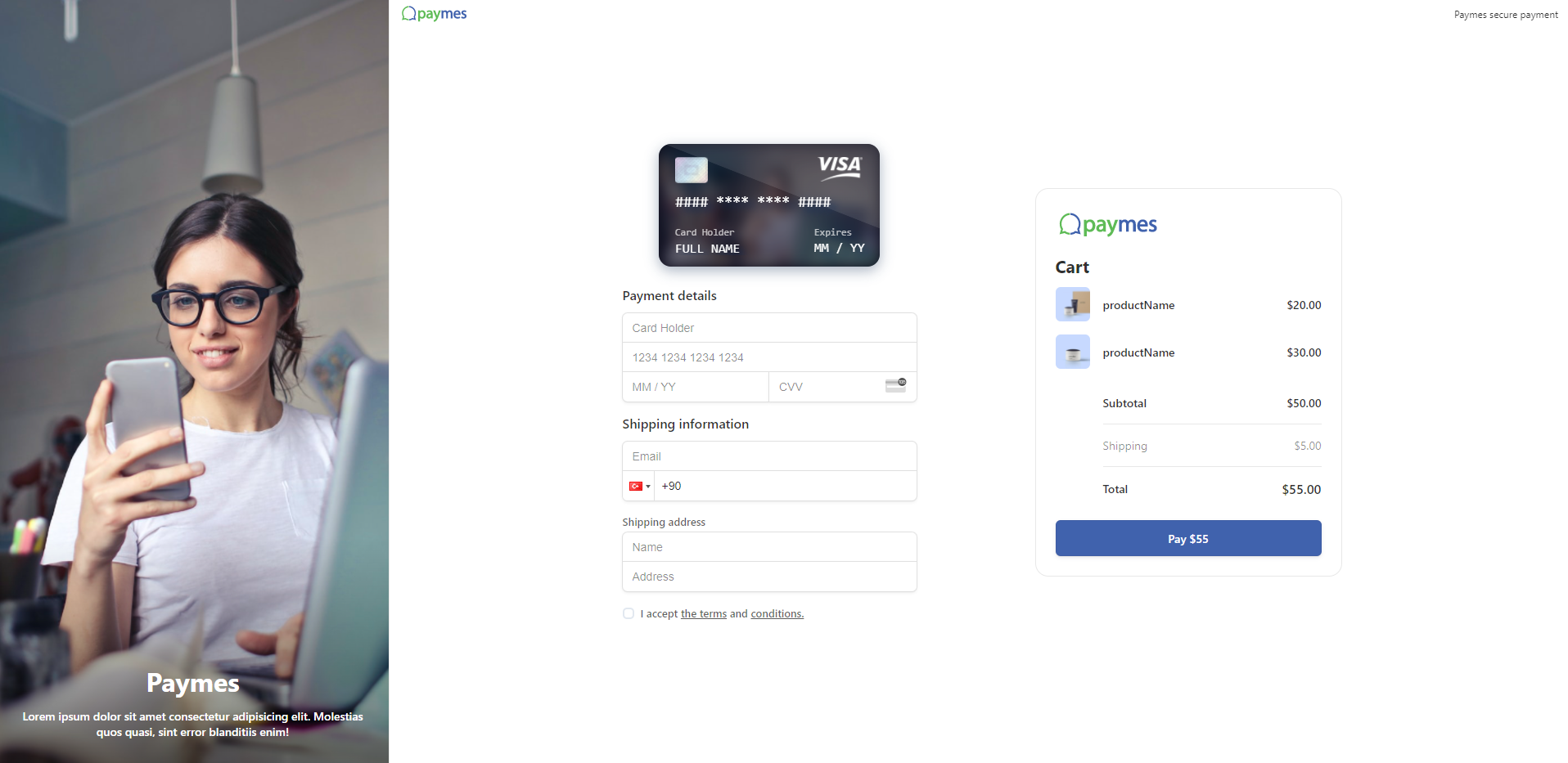 Payment page to enter credit card and shipping information.